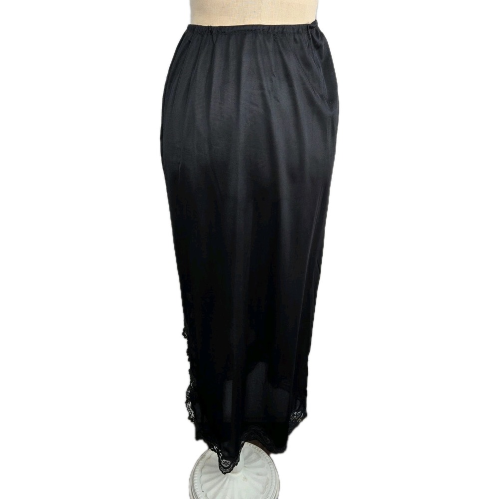 Kayser Vtg Black Long Half Slip‎ Size S Side Slit Lace Trim Made In USA Lingerie